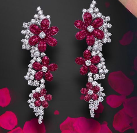 Ruby Ring Designs, Spinel Earrings, Beautiful Jewelry Diamonds, Art Jewelry Design, Floral Collection, Luxury Jewellery, Hanging Flowers, Art Nouveau Jewelry, Daisy Earrings