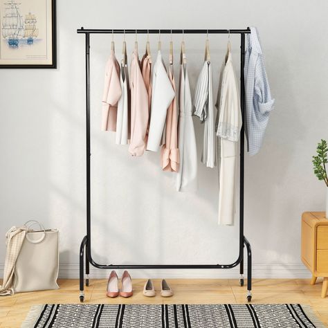 Strong Support - The garment rack is made of high quality metal material, which means it has a strong heavy duty and not easily deformed. More sturdy and durable than your expect. Perfect Size - Dimensions: 43.5" L x 17.72"W x 66.14"H. Cloth Rack, Standing Clothes Rack, Rolling Clothes Rack, Clothes Hanger Rack, Clothing Store Displays, Free Standing Closet, Heavy Duty Clothes Rack, Portable Wardrobe, Garment Rack