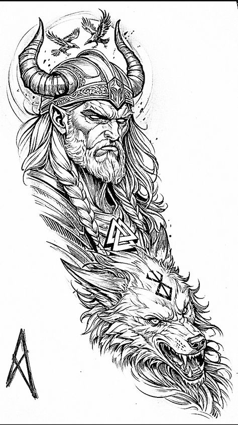 Norse Mythology Coloring Pages, Viking Tattoo Flash, Nordic Viking Tattoo Design, Loki Tattoo Norse Mythology, Slavic Mythology Tattoo, Odin Drawing, Viking Wolf Tattoo Design, Norse Wolf Tattoo, Tyr Tattoo