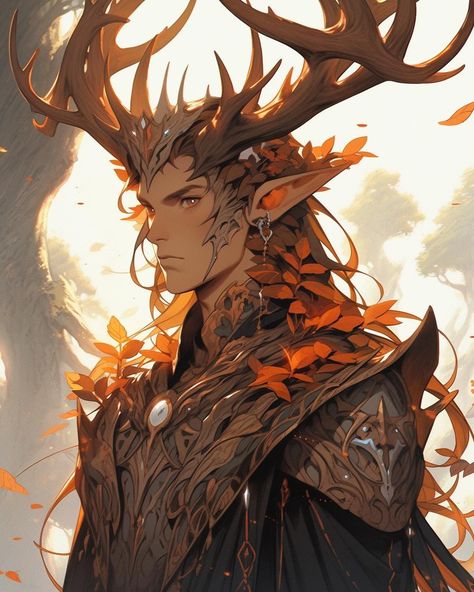 King Oberon Art, Oberon Fairy King, Eladrin Male, Man With Antlers, Fae Character Design, Fae King, Spirit Companion, Fairy King, Male Design