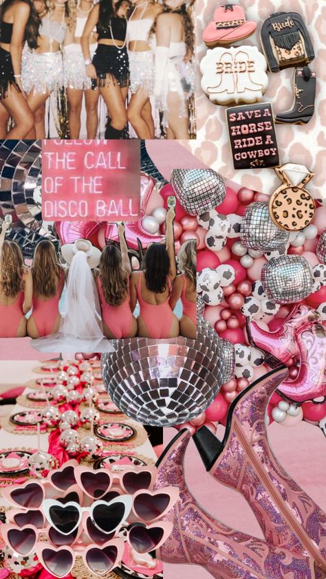 #discocowgirlbachelorette Disco Cowgirl Bachelorette Party Decor, Hen Do Cowgirl, Disco Cowgirl Hens, Hen Party Cowgirl Theme, Coachella Bachelorette, Cowgirl Hens Party, Cowgirl Bachelorette Party Decorations, Space Cowgirl Bachelorette, Cowgirl Bachelorette Party Outfits