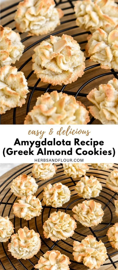 This Amygdalota Recipe produces delicious Greek Almond Cookies that have the perfect crunchy exterior but or soft and chewy on the inside. This simple cookie requires only 5 ingredients and are naturally dairy and gluten-free! Greek Wedding Desserts, Gluten Free Greek Desserts, Greek Almond Cookies Recipes, Greek Baking Recipes, Greek Almond Cookies, Greek Cookies Recipes, Greek Desserts Easy, Almond Meal Recipes, Greek Wedding Cookies