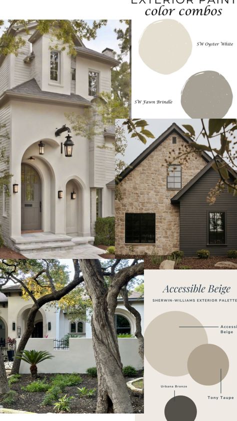 Cream Brick Exterior Color Schemes, Shiitake Exterior Paint, Exterior Paint Colors With White Windows, Historic Home Exterior Paint Colors, Creamy Exterior House, Outdoor Paint Colors For House, Grey Brick House Exterior, Painted Stucco, Exterior Paint Combinations