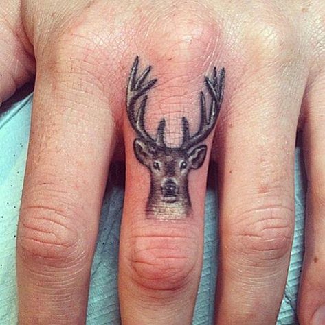 Stag Tattoo Design, Deer Head Tattoo, Cat And Dog Tattoo, Deer Tattoo Designs, Stag Tattoo, Skull Girl Tattoo, Finger Tats, Ring Finger Tattoos, Finger Tattoo Designs