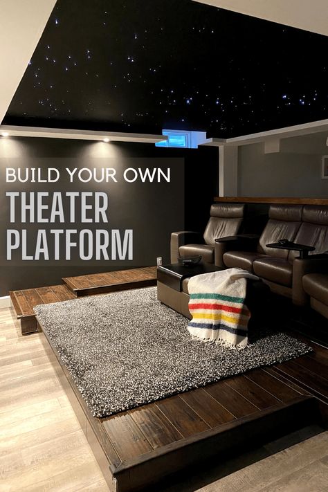 Basement Open Theater Room, Home Theater Riser Diy, Home Theater Platform, Basement Home Theater Ideas Small Spaces, Budget Home Theater, Diy Basement Movie Theater, Home Theater On A Budget, Basement Theater Room Ideas Diy, Loft Theater Room Ideas