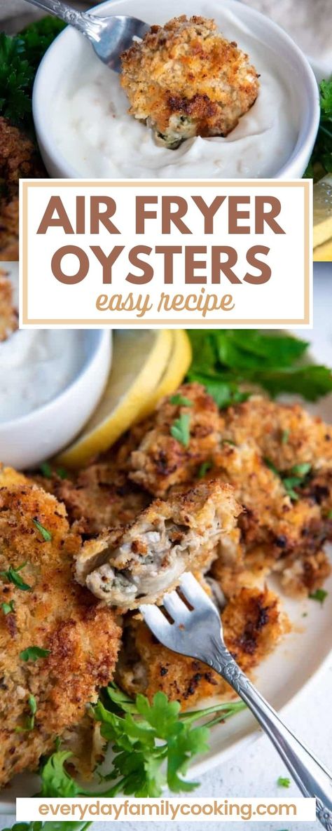 Air fryer oysters are sure to be the next hit appetizer at your parties. The oysters are breaded in a light coating then cooked up in the air fryer. They come out crispy, light, and full of flavor! Seafood lovers will be impressed with just how delicious oysters in the air fryer can be. They are great for either a snack or as the main meal! Air Fryer Oyster Recipes, Air Fryer Fish Recipes, Cooked Oysters, Air Fryer Fish, Oyster Recipes, Fried Oysters, Air Fried Food, Air Fryer Recipes Chicken, Air Fryer Dinner Recipes