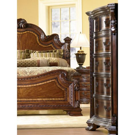 A.R.T. Old World Solid Wood Low Profile Standard Bed & Reviews | Wayfair Old World Bedroom, Antebellum Homes, Tuscan Design, Mediterranean Home Decor, Queen Panel Beds, King Bedroom Sets, Tuscan Decorating, King Bedroom, Traditional Bedroom