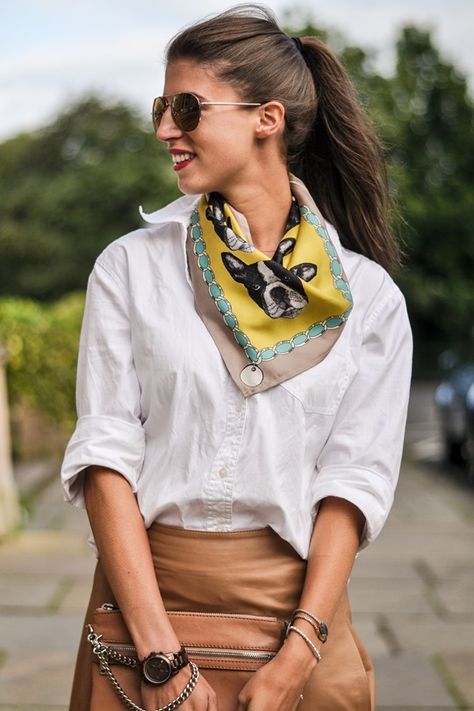 fun way to wear my vintage scarves! vintage scarf & crisp white shirt White Shirt Outfits, Scarf Trends, Silk Neck Scarf, Classic White Shirt, Scarf Outfit, Crisp White Shirt, How To Wear Scarves, Vintage Scarf, Neck Scarf