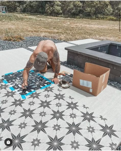 Backyard Cement, Outdoor Concrete Floors, Floor Stencils Patterns, Stenciled Concrete, Stenciled Concrete Floor, Paint Concrete Patio, Stencil Concrete, Furniture Stencils, Painting Cement