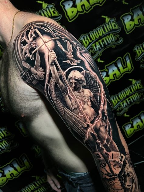 St Cecilia Tattoo, Saint Andrew Tattoo, Saint Michael Tattoo Forearm, Saint Sebastian Tattoo, Saint Tattoos For Men, Saint Michael Tattoo Sleeve, St Michael Tattoo Design, Saint Michael Tattoo Design, St Christopher Tattoo