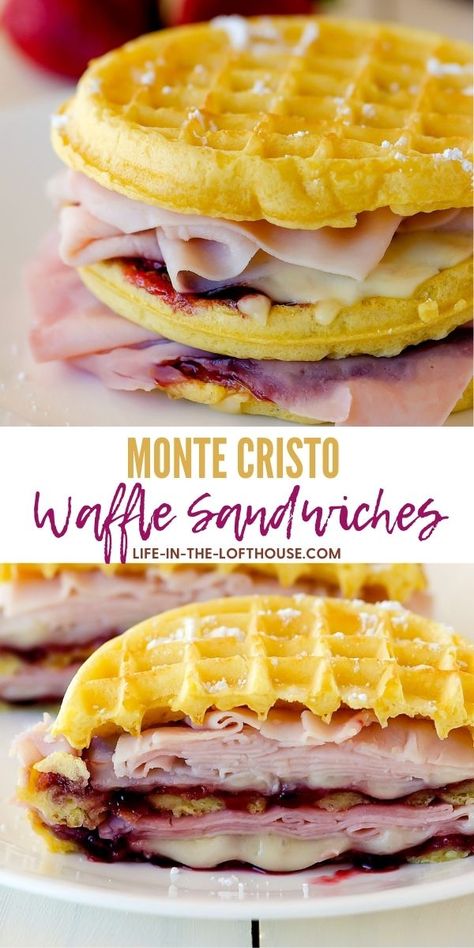 Monte Cristo Waffle Sandwich, Waffle Monte Cristo Sandwich, Waffle Breakfast Sandwich Ideas, Waffle Sandwich Ideas Lunches, Waffle Fry Sliders, Waffle Sandwich Ideas, Waffle Sandwich Recipe, Breakfast Burgers, Stuffed Waffles