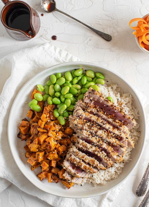 Coconut Basmati Rice, Sesame Crusted Tuna, Sweet Soy Sauce, Steak And Rice, Tuna Steak, Fresh Tuna, Tuna Steaks, Cubed Potatoes, No Dairy