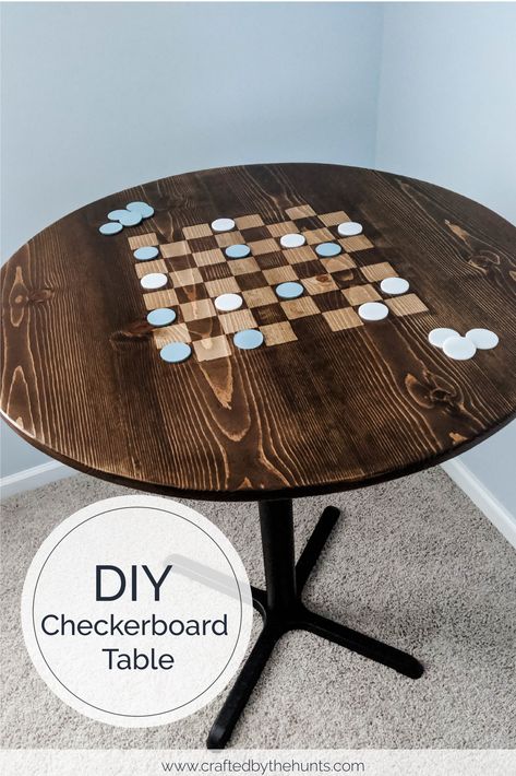 Learn how to make a checkerboard pattern on wood using stain. You can make a checkerboard table or checkerboard tray with this simple how-to tutorial. #checkerboard #diyproject #diyfurniture Checkerboard Table Top, Diy Checkerboard, Stain Pine, Checkerboard Table, Canopy Bed Diy, Stain On Pine, High Top Tables, Game Room Family, Chess Table