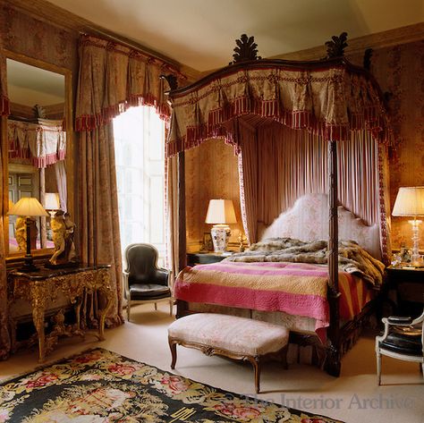 This Victorian four-poster bed is hung with red and white tasselled brown chintz ~ Thomas Kyle & Jerome Murray Eastnor Castle, Bed Drapes, English Manor Houses, Four Poster Bed, English Manor, Four Poster, Poster Bed, English Country House, Classic Decor