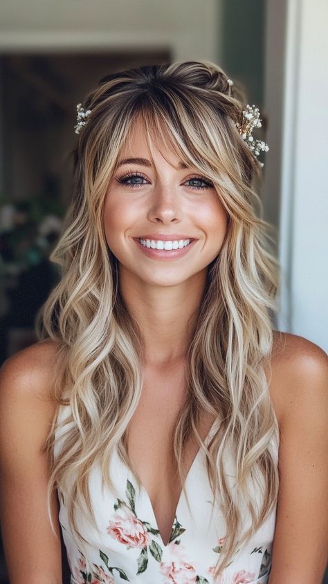 🔮 Pristine Down Wedding Hairstyles wedding hairstyles half up half down bangs Inspiration Curled Hair For Wedding, Half Up Half Down Bangs, Medium Length With Bangs, Hair For Wedding, Bangs Inspiration, Zig Zag Braid, Medium Length Hairdos, Down Wedding Hairstyles, Beautiful Bridal Hair