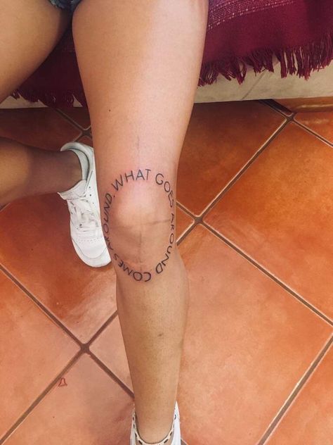 Words Around Knee Tattoo, Knee Text Tattoo, Girl Knee Tattoo, Word Knee Tattoos, Knee Scar Tattoo, Knee Tattoo Quote, Knee Tattoos Women Words, Womens Knee Tattoo, Over The Knee Tattoo Words