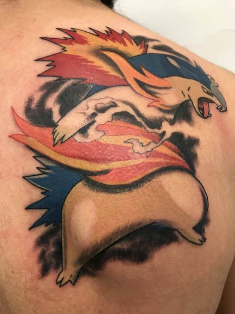 My first tattoo Typhlosion done by Greg Heinz at The Raw Canvas Grand Junction CO Typhlosion Tattoo, Pokemon Typhlosion, Raw Canvas, Grand Junction, First Tattoo, Japanese Style, Mythical Creatures, Watercolor Tattoo, Portrait Tattoo