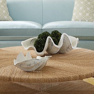 Decorative Clam Shell Coastal Interior Design Living Room, Clam Shell Decor, Rectangle Side Table, Coastal Interior Design, Closet Storage Systems, Outdoor Umbrella Stand, Small Accent Tables, Coastal Interior, Coastal Interiors Design