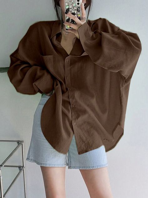 Women's Solid Color Regular Lapel Extra Loose Shirt Brown Casual  Long Sleeve Woven Fabric Plain Shirt Non-Stretch Spring/Fall Women Clothing, size features are:Bust: ,Length: ,Sleeve Length: Brown Shirts For Women Casual, Casual Outfit Korean, Drop Shoulder Shirt, Beige Shirt, Outfit Korean, Half Shirts, Plain Shirt, Loose Shirt, Plain Shirts