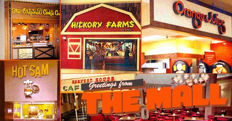 With hot pretzels, hot dogs and Hickory Farms, you could live in the mall for days. Hot Pretzels, 80s Mall, 1980s Food, Hickory Farms, Mall Food Court, Orange Julius, Video Store, Food Court, Shopping Malls