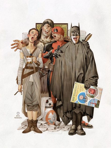 Delightful Norman Rockwell-Inspired Hero Poster for San Fransisco Comic Con Julian Totino Tedesco, The Bat Man, Hero Poster, Norman Rockwell, American Comics, Comic Book Characters, Comic Covers, Star Wars Art, Comic Artist