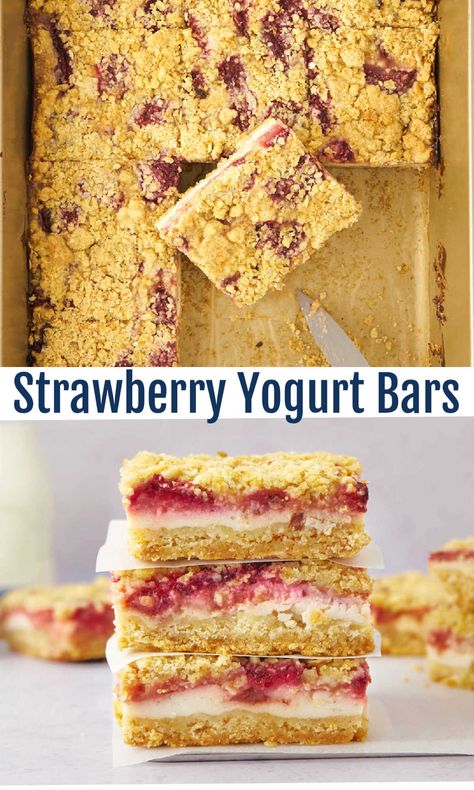 Stack of strawberry yogurt bars with butter oat crumble crust, creamy white yogurt layer and fresh sliced strawberries. Yogurt Oatmeal Bars, Baking With Vanilla Yogurt, Yoghurt Cereal Bars, Things To Make With Strawberry Yogurt, Leftover Plain Yogurt Recipes, Strawberry And Yogurt Recipes, Dessert Recipes With Yogurt, Yasso Greek Yogurt Bars Copycat, What To Make With Yogurt