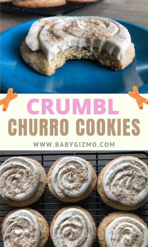 Crumbl Cookie Copycat Churro, Crumble Copycat, Crumbl Recipes, Cookies Crumbl Copycat, Cookies Crumbl, Churro Cookies, Cinnamon Buttercream Frosting, Copycat Cookies, Crumbl Copycat