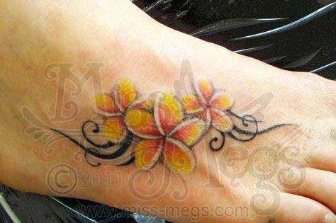 Image detail for -Frangipani Tribal Foot Tattoo - Miss Megs Custom Tattoos Frangipani Tattoo Designs, Fiori Frangipani, Plumeria Flower Tattoos, Frangipani Tattoo, Tropical Flower Tattoos, Hawaiian Flower Tattoos, Plumeria Tattoo, Yellow Plumeria, Hawaii Tattoos