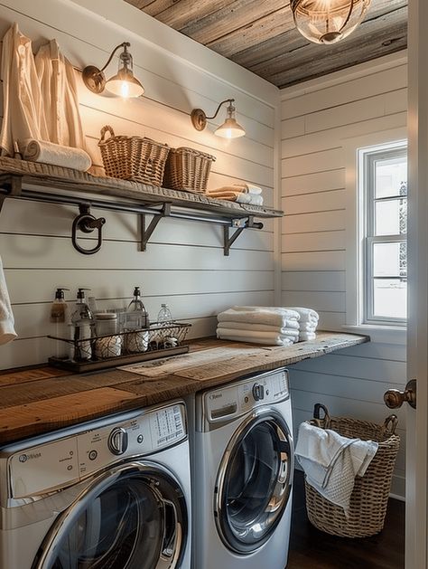 Aesthetic Small Laundry Room, Modern Mudroom Laundry Room Ideas, Rustic Cabin Laundry Room, Boho Small Laundry Room, Laundry Room Design With Hanging Rod, Small Cabin Laundry Room, Rustic Bathroom Laundry Combo, French Farmhouse Laundry Room, Home Decor Ideas Farmhouse Modern