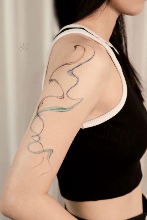 Smokey Abstract Tattoo, White Ink Tattoos Healed, Tattoo Abstract, Small Dragon Tattoos, Shoulder Blade Tattoo, Brush Tattoo, Healing Tattoo, Peonies Tattoo, Modern Tattoos