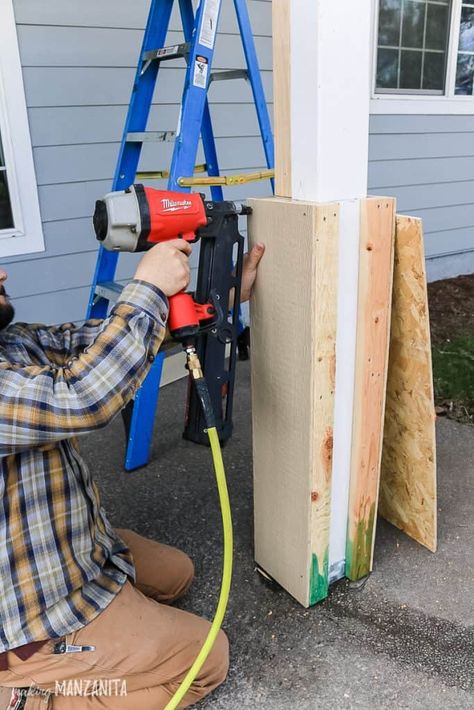 Give your boring and skinny porch posts a modern farmhouse makeover with this easy DIY tutorial! Wrap the bottom part with 2x3s and siding, caulk and paint white for a carftsman style! Great way to add curb appeal! #curbappeal #porch #column #DIY #doityourself Porch Post Ideas, Porch Post Wraps, Modern Farmhouse Makeover, Front Porch Posts, Porch Pillars, Front Porch Columns, Farmhouse Makeover, Add Curb Appeal, Column Covers