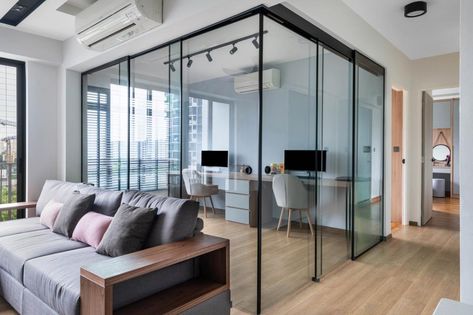 Study Room 2 People, Glass Office In Living Room, Study Room Glass Door, Glass Enclosed Home Office, Glass Wall Home Office, Open Concept Home Office, Glass Sliding Partition, Home Office Glass Wall, Glass Home Office