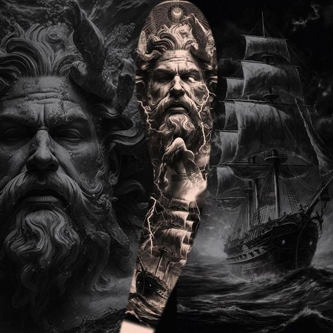 Black Crow Tattoos, Ship Tattoo Sleeves, Nautical Tattoo Sleeve, Greek God Tattoo, Poseidon Tattoo, Zeus Tattoo, Lion Tattoo Sleeves, Realistic Tattoo Sleeve, Skull Sleeve Tattoos