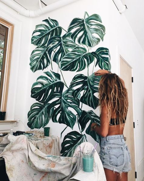 Monstera Deliciosa painted wall mural | Girlfriend is Better Wall Murals Painted, घर की सजावट, Monstera Deliciosa, Interior Paint Colors, Room Decor Bedroom Teenage, Tropical Decor, My New Room, Interior Paint, Wall Paint