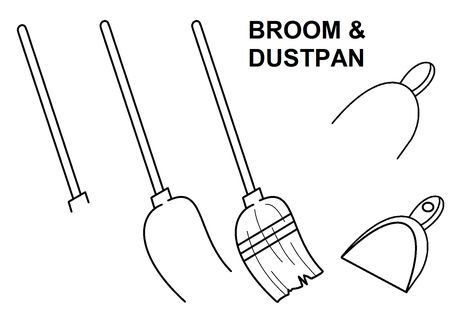 Step-by-step to draw a broom and dustpan. Dustpan Drawing, Broom Doodle, Broom Drawing, Flower Tower, Broom And Dustpan, A Broom, Dust Pan, Sketch A Day, Paper Embroidery