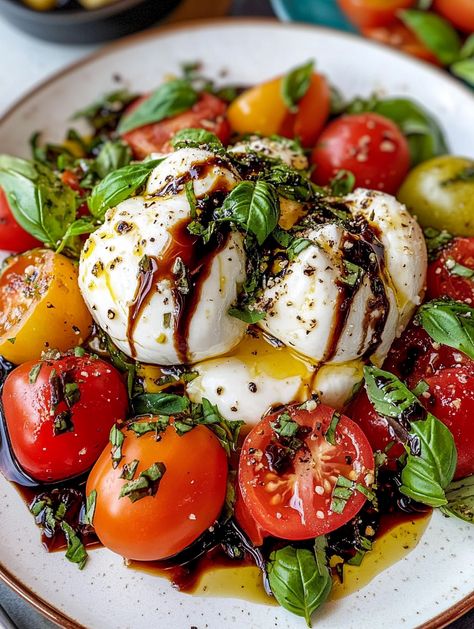 A fresh and luxurious twist on the classic Caprese salad! Creamy burrata cheese pairs perfectly with juicy cherry tomatoes, fresh basil, and a drizzle of olive oil and balsamic glaze. A simple yet elegant dish that's perfect for any occasion. Burrata Caprese Salad, Tomato Caprese Salad, Burrata Caprese, Tomato Caprese, Burrata Cheese, Cheese Pairings, Healthy Lifestyle Food, Cherry Tomato, Balsamic Glaze