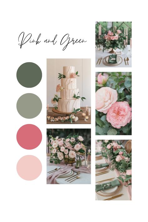 Pink and green wedding tablescape with floral arrangements. Rose Gold And Green Color Palette, Pink Wedding Scheme Colour Palettes, Pink And Green Wedding Palette, Green And Pink Pallet, Green Colour Scheme Wedding, Pink Green Wedding Decor, Dark Green And Pink Wedding Theme, Wedding Ideas Color Schemes Spring, June Wedding Color Palette