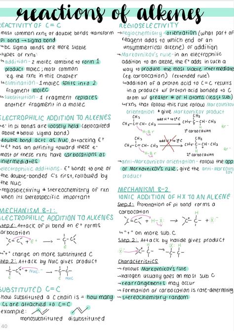 This is a 40-page PDF (split into three files) of my organic chemistry study guide (made on GoodNotes) that I used for my first semester of organic chemistry. Although the class was difficult, this study guide I made throughout the semester definitely helped me learn the material and I ended up getting an A. So, I thought that I would upload it so it could help others! *This is a digital copy that you may print, not a physical product* Topics Included: - structure and bonding - acids and bases; Organic Chemistry Notes Jee, Reactions Of Alkenes, Acads Notes, Alkenes Chemistry Notes, Studying Organic Chemistry, Organic Chemistry Notes Cheat Sheets, Chemistry Bonding Notes, How To Study Organic Chemistry, Alkanes Chemistry Notes