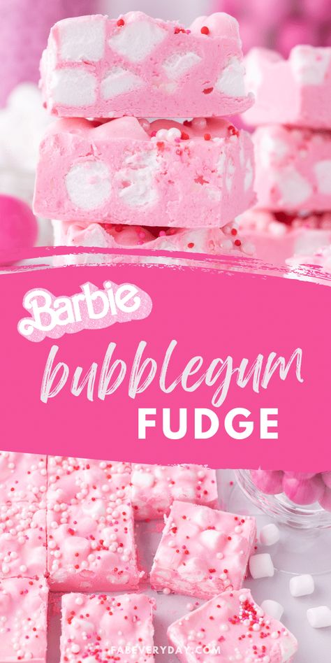 This pink fudge recipe is soft with fluffy little bites of marshmallow! The color makes this Bubblegum Fudge perfect for anyone looking for Barbie birthday party food ideas or Barbie themed food! Bubblegum cloud fudge is deliciously decadent and so easy to make, whether you make it as Barbie party food ideas, a Valentine's Day treat, or any time you want a sweet treat with some bubble gum flavor. Click or visit FabEveryday.com for the recipe if you're searching for Barbie themed snacks! Food Ideas For Barbie Party, Barbie Winter Birthday Party, Bubblegum Themed Birthday Party, Snacks For Barbie Party, Pink Birthday Treat Ideas, Barbie Party Sweets, Barbie Birthday Party Snack Ideas, Pink Birthday Party Treats, Pink Barbie Food Ideas