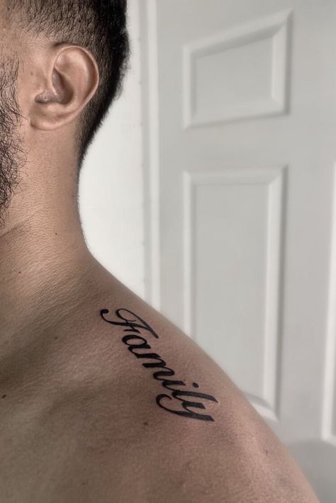 Family Back Tattoos For Men, English Tattoo For Men, Family Chest Tattoos For Men, Family First Tattoo For Men, Word Family Tattoo, Family Tattoo Men, Family Over Everything Tattoo Men, Family Word Tattoo, Word Tattoos Men