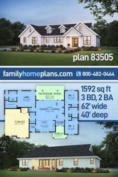 Country, Farmhouse, Ranch Style House Plan 83505 with 1592 Sq Ft, 3 Bed, 2 Bath, 2 Car Garage Split Floor Plans 3 Bedrooms, Modular Ranch Homes, Custom Ranch Style Homes, Ranch Style Home With Basement, One Level 3 Bedroom House Plans, 3 Bedroom Ranch With Office, Ranch Home With Basement Floor Plans, Three Bedroom Ranch Floor Plans, Reverse Ranch Floor Plans