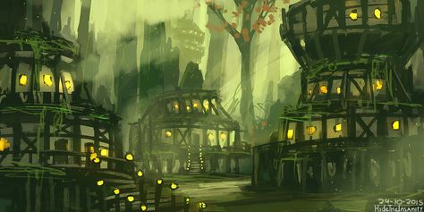 Swamp town by HideTheInsanity.deviantart.com on @DeviantArt Swamp Town Concept Art, Witherbloom Student, Swamp Town, Swamp City, Swamp Village, Sunken City, Fantasy Wizard, City Drawing, Scene Art