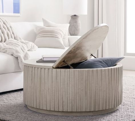 Round Coffee Table Blanket Storage, Coastal Coffee Table Styling, Coffee Table For Sectional, Round Storage Coffee Table, Apartment Refresh, Round Coffee Table Styling, Sectional Coffee Table, Coffee Table Pottery Barn, Circle Coffee Tables