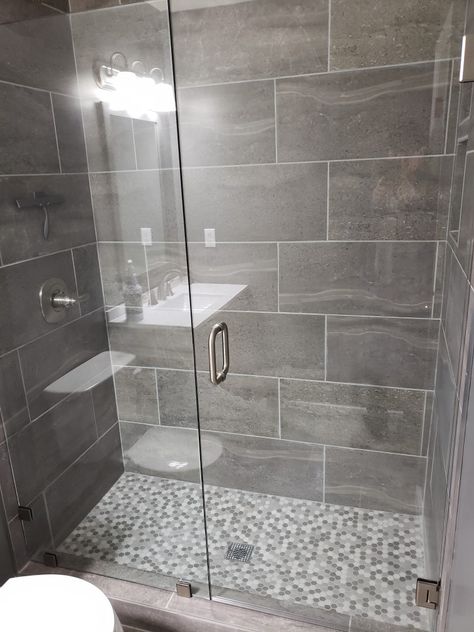 Small Grey Shower Tile Ideas, Gray Tile Bathroom Ideas, Gray Tile Bathroom, Bathroom Tile Shower Ideas, Tile Bathroom Ideas, Gray Shower Tile, Master Bath Tile, Tile Showers, Gray Tile