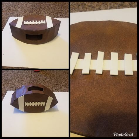 Boys football valentine school box with "leather" scrap book paper from Michaels Football Shaped Valentines Boxes, Football Field Valentines Boxes, Football Valentines Boxes, Boy Valentines Boxes Diy, Football Valentines, Valentine School, Boys Valentines, Football Diy, Valentines Box