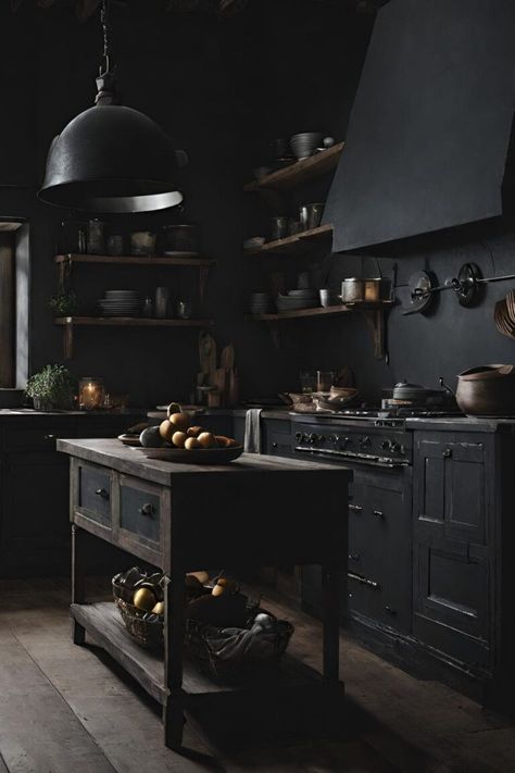 Dark Academia Kitchen Aesthetic, Academia Kitchen, Dark Academia Kitchen, Eccentric Kitchen, Dark Kitchen Ideas, Moody Dark Academia, Boho Style Kitchen, French Style Kitchen, Moody Farmhouse