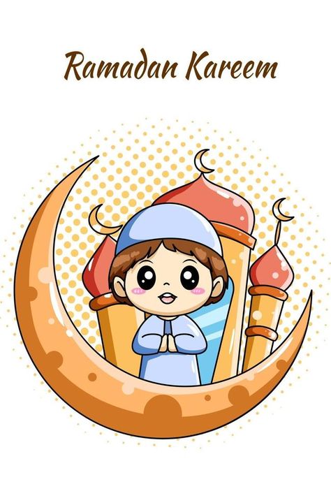 Cute muslim boy with moon and mosque at ramadan kareem cartoon illustration Ramadan Cartoon, Muslim Boy, Eid Stickers, Vector Doodle, Illustration Advertisement, Ramadan Kareem, Moon Child, Cartoon Illustration, Punch Needle