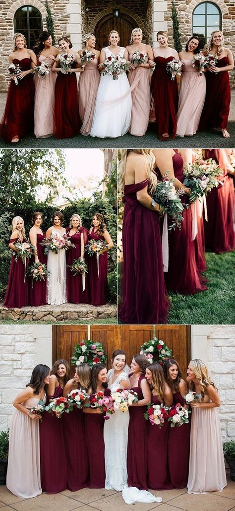 Burgundy And Blush Wedding Dress, Bridesmaid Dresses Burgundy And Blush, Navy Burgundy And Blush Wedding, Burgundy And Champagne Wedding, Burgundy And Blush Wedding, Tulle Bridesmaid, Bridesmaids Dress Inspiration, Blush Bridesmaids, Dusty Rose Wedding