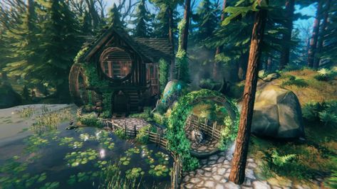 Valheim water mill build won't grind your barley but does look gorgeous | GamesRadar+ Valheim Builds, Shifting Help, Witch Hut, Viking House, Cozy Games, Get Off My Lawn, Base Building, 3d Environment, Ark Survival Evolved