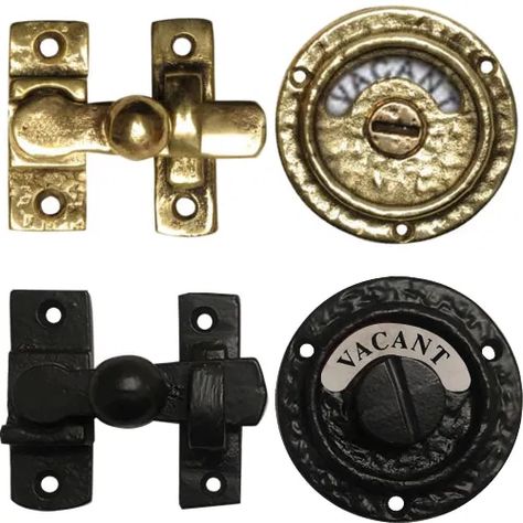 Top: Victorian Emporium Privacy Bolt Latch in cast brass  Bottom: Ironmongery World WC Vacant/Engaged Bathroom Door Lock with Indicator in Cast Iron with Epoxy Black Powder Coating - Antique Bathroom Door Latch with Occupied Indicator – Project Small House Door Latch Ideas, Bathroom Door Lock, Bathroom Door Locks, Victorian House Interiors, Antique Bathroom, Mudroom Laundry, Mudroom Laundry Room, Deadbolt Lock, Public Bathrooms